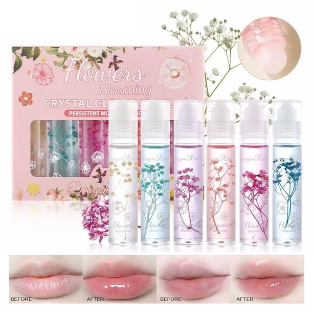 Petansy Flower Jelly Lip Oil Set 6 paquetes de humectante de larga duración Roll On Lip Gloss Set con flores reales maquillaje de labios brillante para labios secos y agrietados