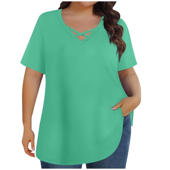Zpanxa Women's Cross Front V-Neck Top Plus Size Short Sleeve Blouse Solid Color Comfortable Casual Loose Fit Summer T-Shirt for Women