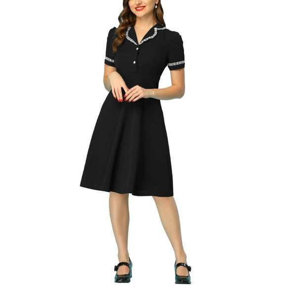 INSPIRE CHIC Vintage Midi Dress for Women's 2024 Work Peter Pan Collar Dresses XS Black