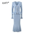 thumbnail image 2 of ZJYT Elegante vestido de suéter de punto de una pieza con volantes y cuello en V para mujer Otoño 2024 Vestido de fiesta de noche con mangas acampanadas y trompeta, 2 of 5