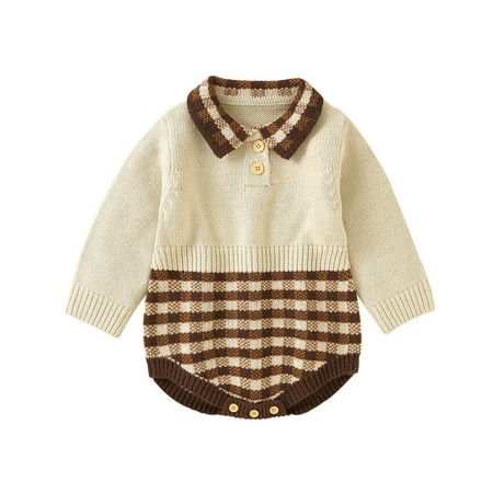 

Baby Girls Autumn Print Plaid Button Pullover Long Sleeve Knit Sweater Romper Bodysuit Hat Clothes