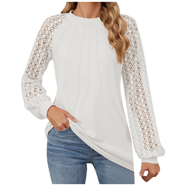 Top de cuello redondo con patchwork de encaje para mujer, otoño e invierno