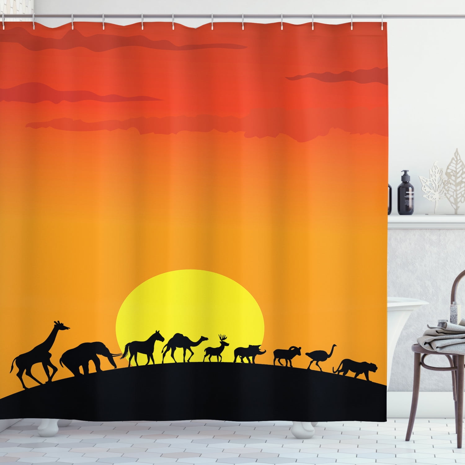 Wildlife Shower Curtain, Diverse Animals Community Walking in Line