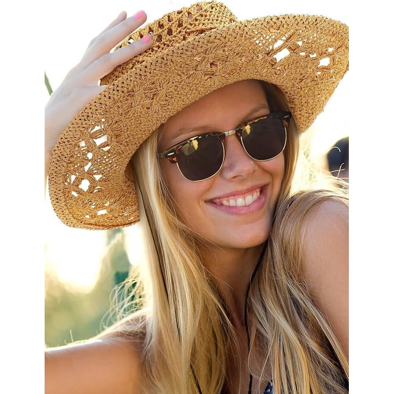 Straw Cowboy Sun Hat Roll Up Brim Hollow Out Breathable Adjustable Men Women main image 2