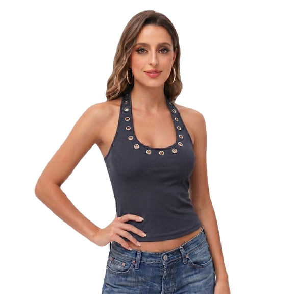 Women Open Back V Neck Grommet Y2k Top Studded Halter Top Sexy Going Out Tops S