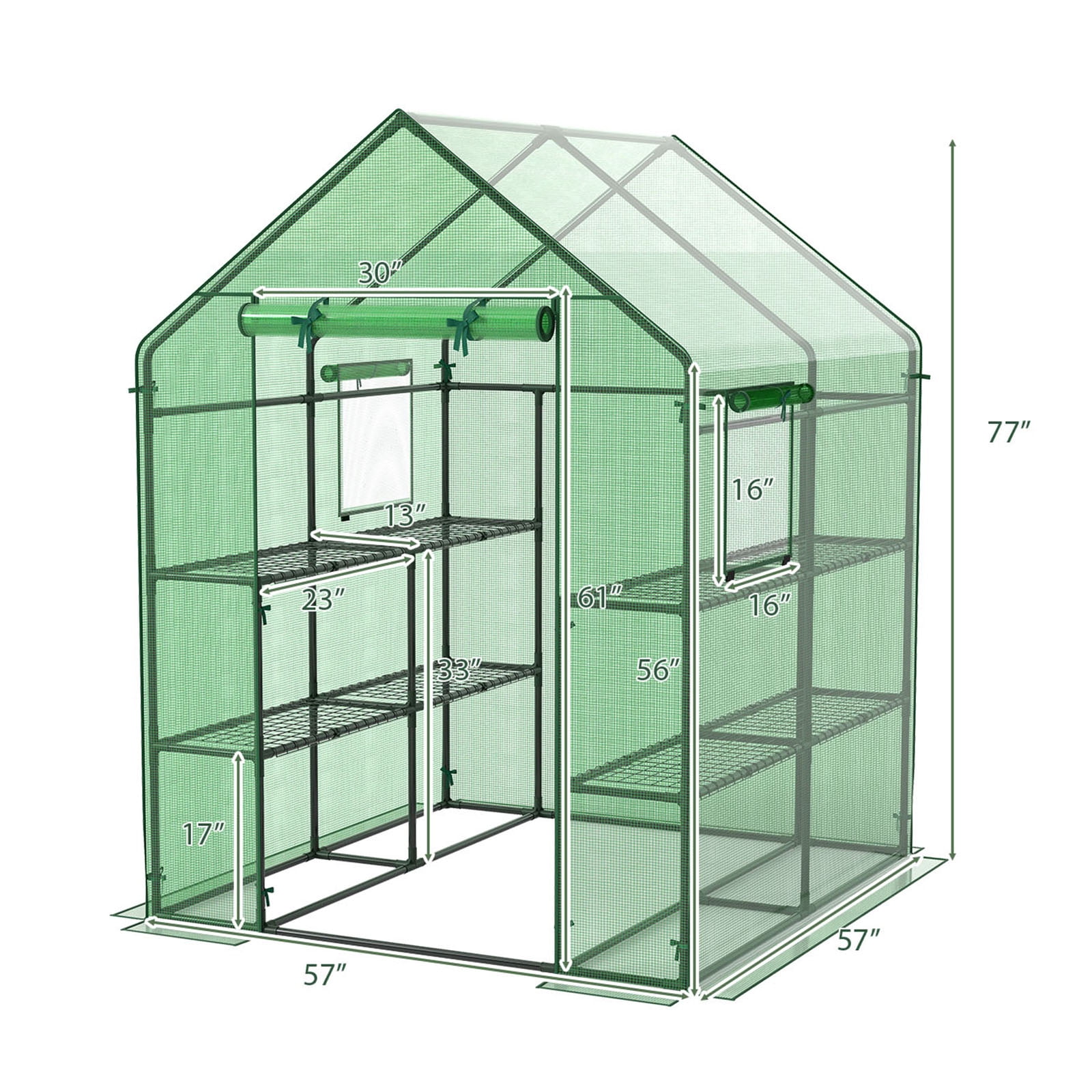 Gymax Walk-in Greenhouse 56''x56''x77'' Gardening w/Observation Windows 2 Tier 8 Shelves