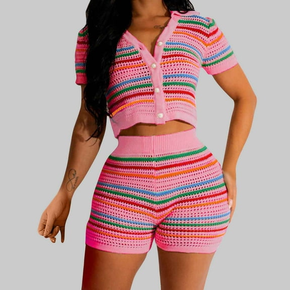 Chbgutlmr Women's 2 Piece Outfits Summer Knitted Hollow Sets Short Sleeve Button down Crop Tops High Waisted Shorts Casual Dressy Set
