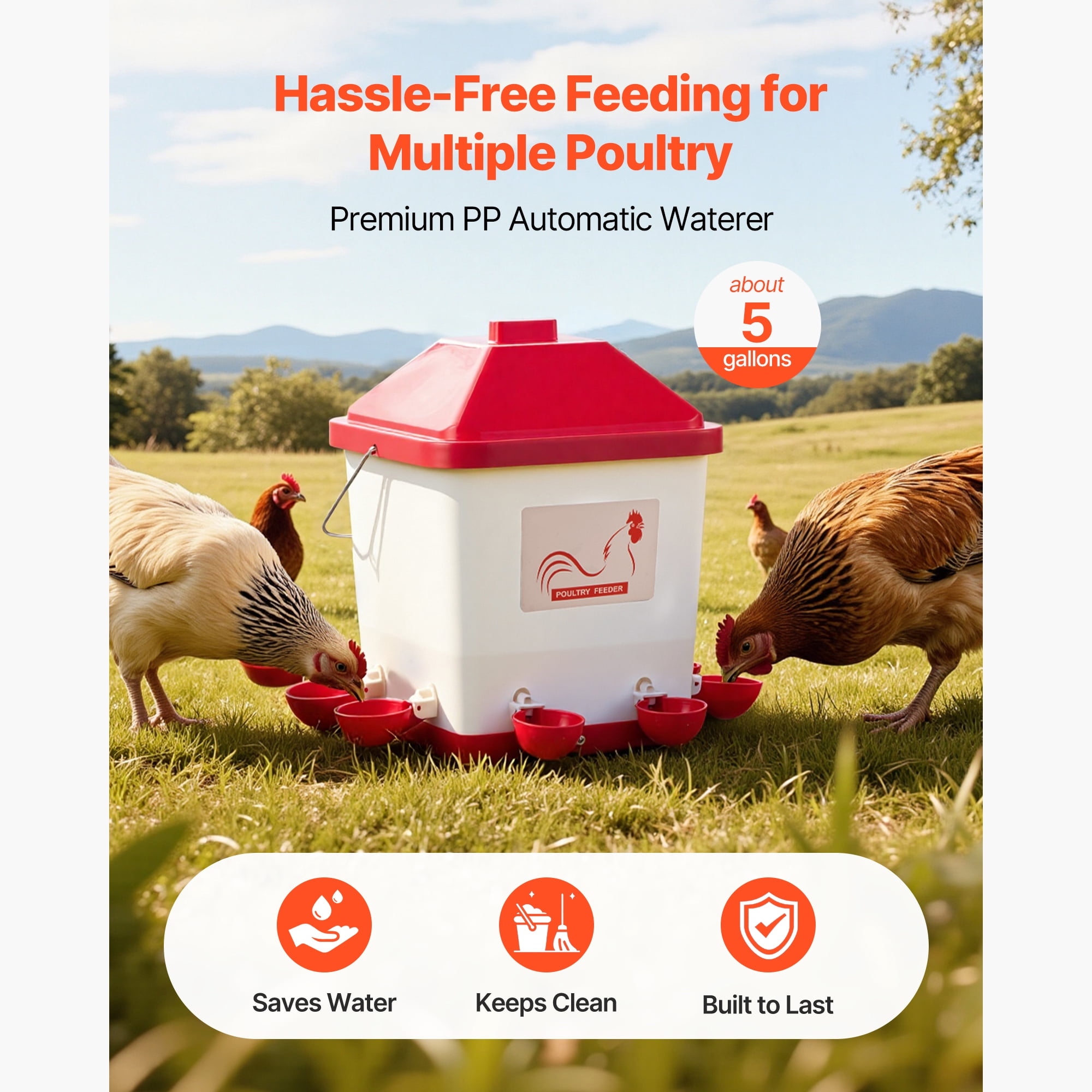 KFFKFF 5 Gallon Automatic Chicken Waterer, 6 Drinking Ports, Gravity-Fed Design with Handle & Sealed Rubber Ring, Durable Waterproof PP Material, No-Spill System, Ideal for Poultry