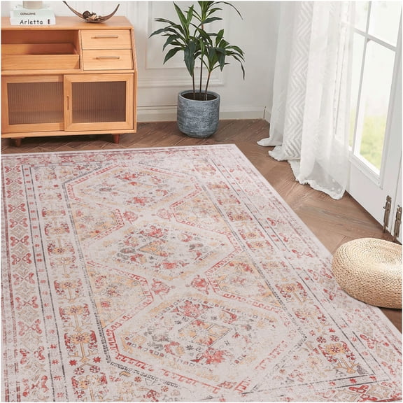 JERFIT Machine Washable 3x5 Area Rug - Low Pile Chenille Non-Slip Rug for Living Room, Bedroom, Kitchen, Beige Indoor Carpet