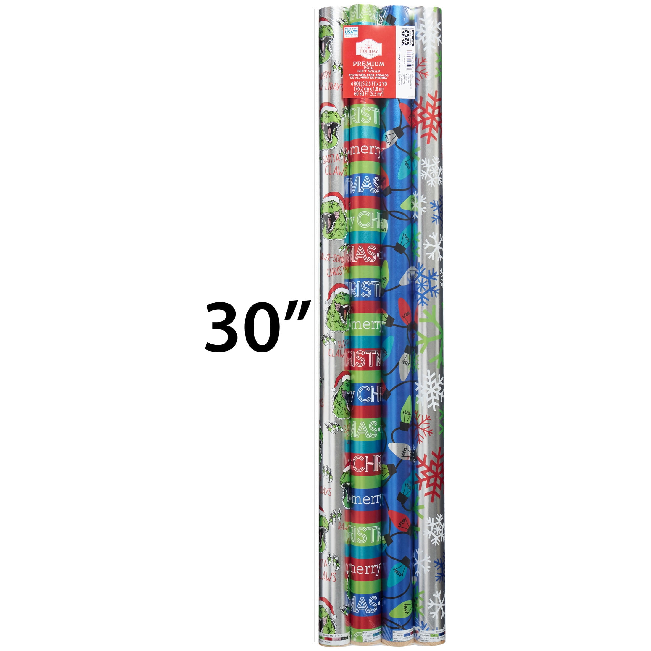 Holiday Time Joyful Peace Multi-Pack Christmas Gift Wrap, 4 Rolls, 30 in,  60 Sq ft. Multi-Color, 