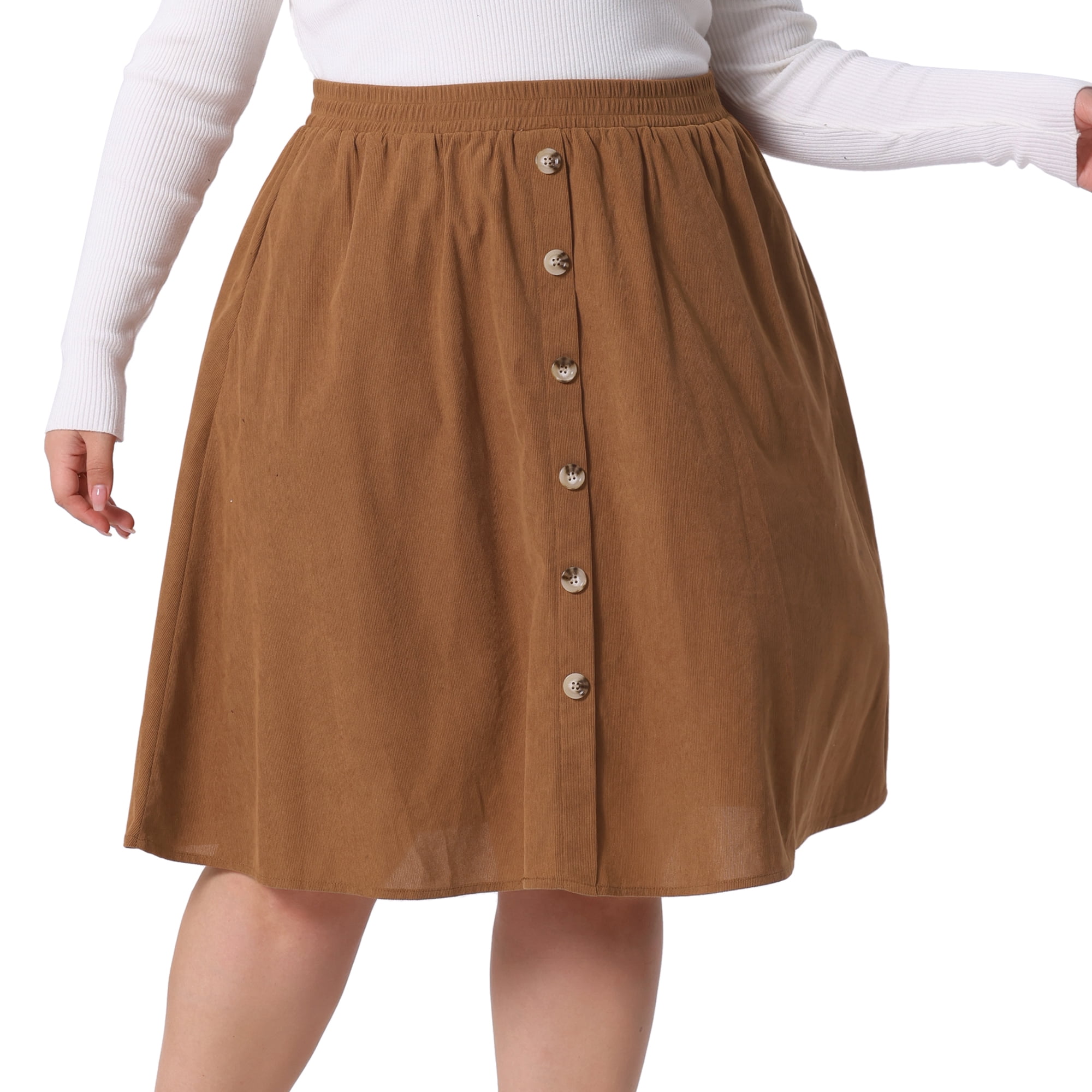 DARING DIVA Women's Plus Elastic High Waist Corduroy Skirt with Pocket 2X Dark Brown