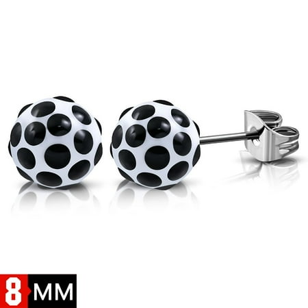 8mm Stainless Steel Black and White Polka Dot Acrylic Ball Stud Earrings pair