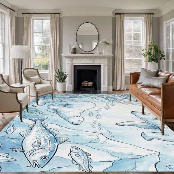 Large Area Rugs for Living Room Bedroom, Blue Teal Coastal 8'x10' Rug Washable Carpet Runner Indoor Outdoor, Nautical Beach Botanical Bears Fish Non Slip Floor Mats Rug for Kitchen, Patio