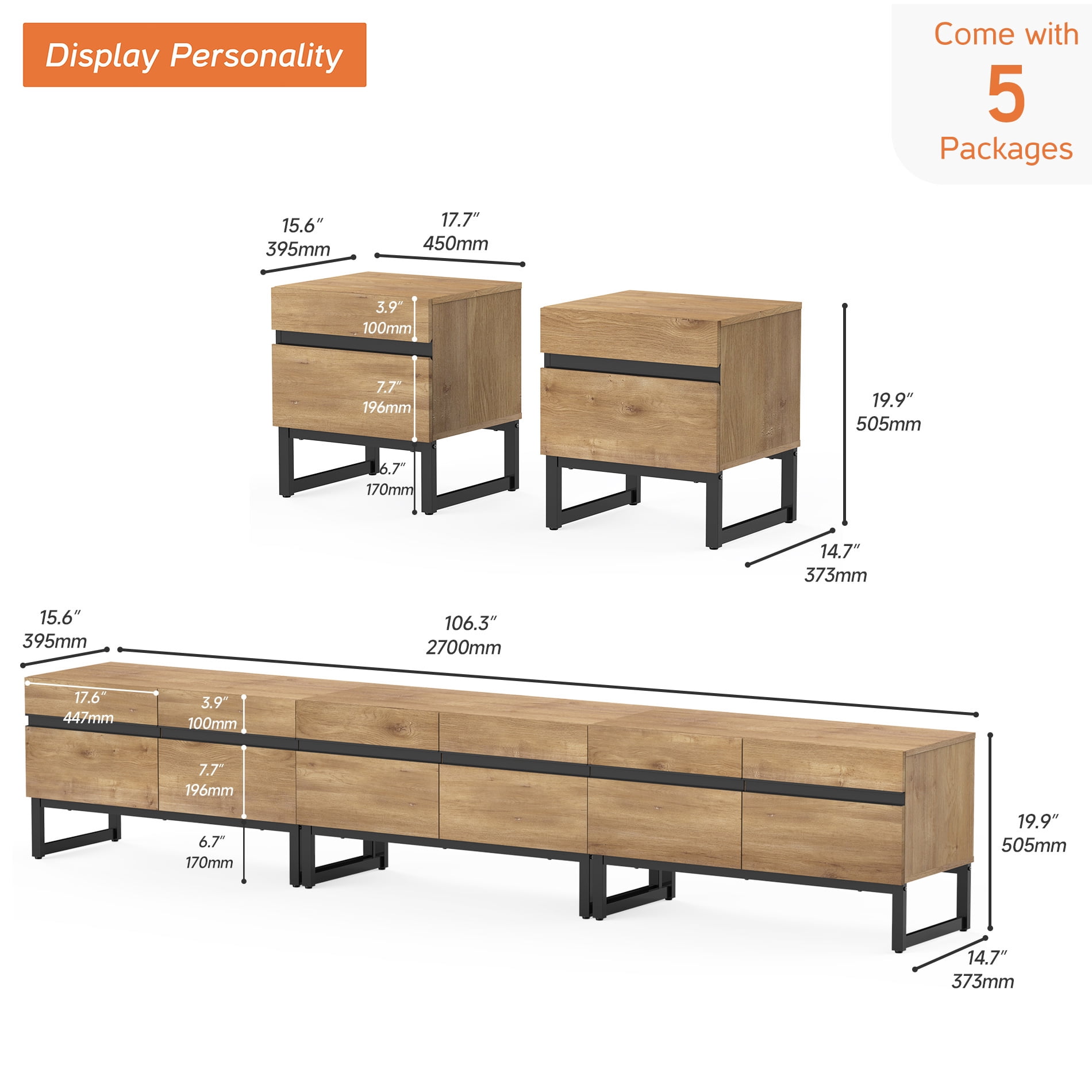 Modern 3-Piece Living Room Set, 106 Inch TV Stand And 2 End Table Sets With 2 Drawers, Media Console with Storage Shelves, Sturdy Wood Frame & Metal Legs, Contemporary Furniture for Living Room,Oak
