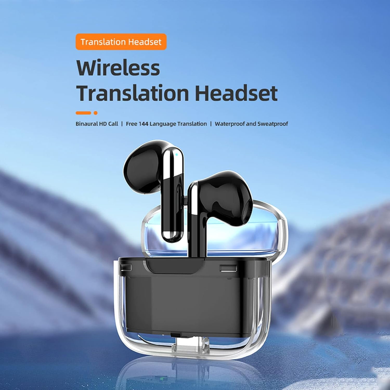 Real Time Language Translator Earbuds, Bluetooth 5.3 Denoise Translator Earphones Support 144 Languages with APP in Transparent Case for Smart Phone, Black