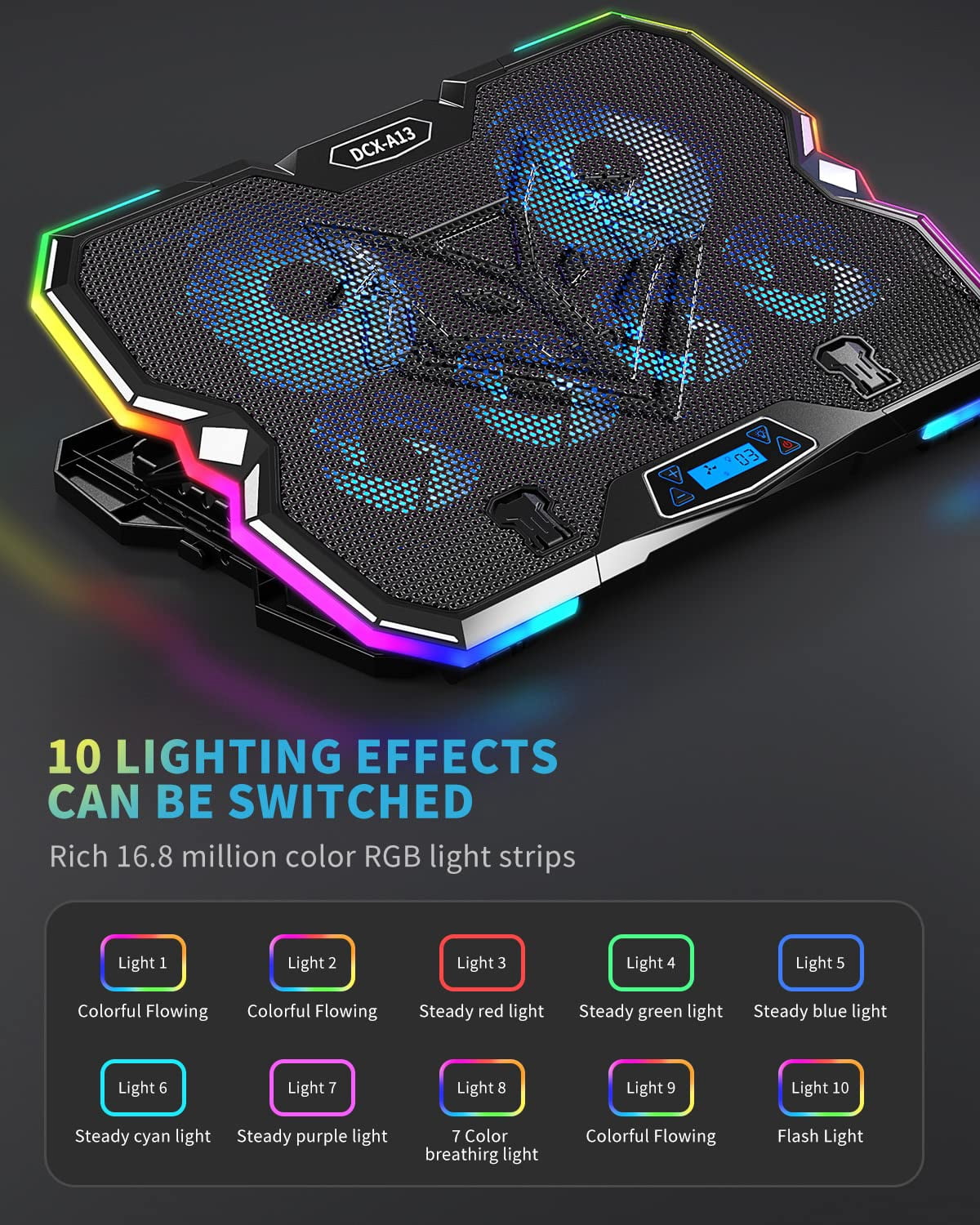 Upgrade Laptop Pad A13 Rgb Lights Cooler 6 Fans For Up To 15.6 Inch Laptops 10 Modes Light  7 Height Stands 2 Usb Ports - Blue