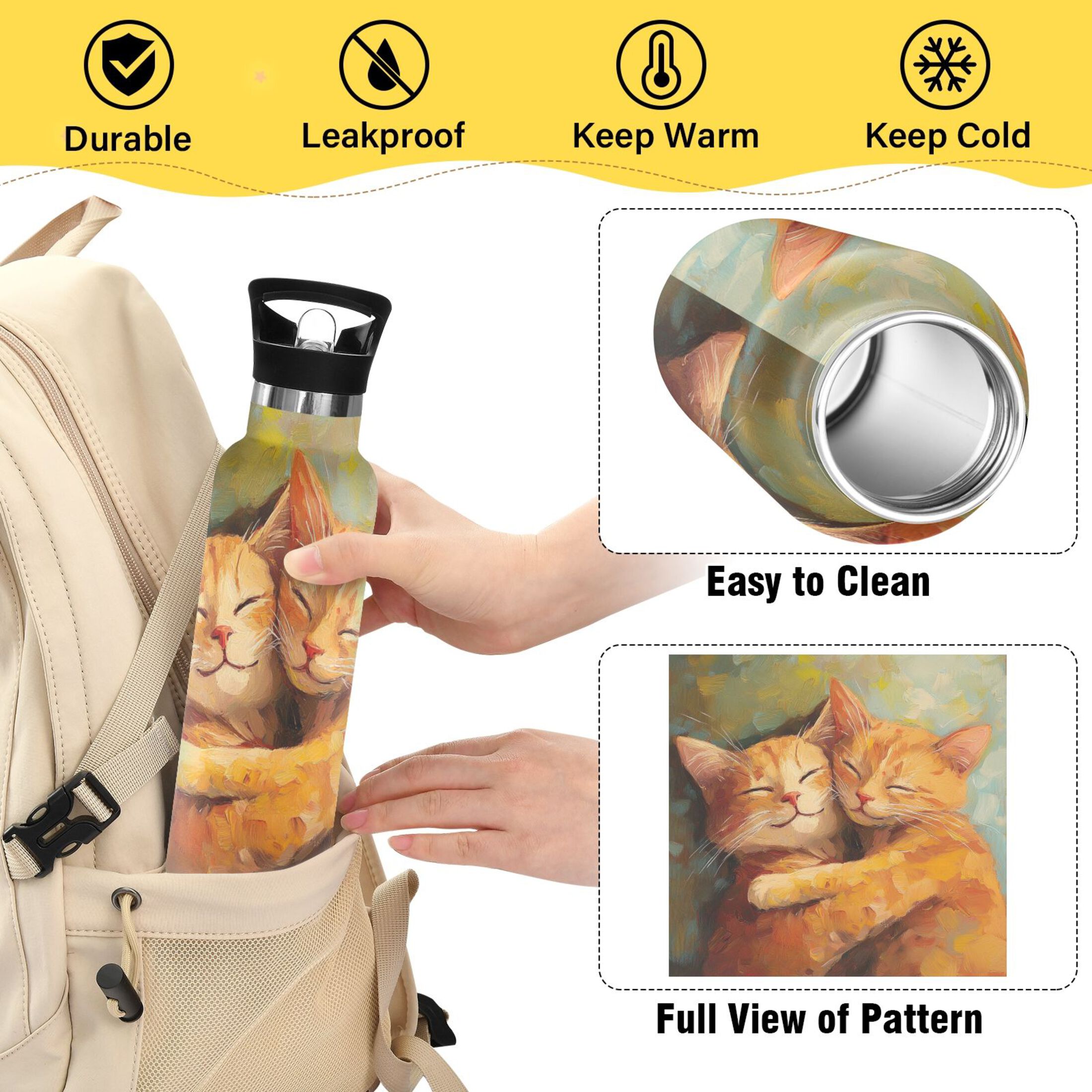 600ML Stainless Steel Insulated Cup Sports Water Bottle Portable Thermos Cup Water Glasses Insulated Tumblers Convenient and Durable Sleeping Cats