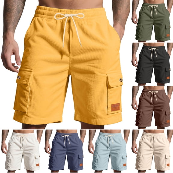 SGFCWSX Men's Cargo Shorts, Summer Short Pants Men Quick Dry Outdoor Hiking Elastic Waist Casual Shorts with Pockets Yellow Size L