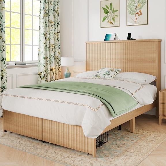 Brafab Fluted Queen Size Wooden Platform Bed Frame with Wooden Headboard and Storage Drawers，No Box Spring Needed, Easy Assembly