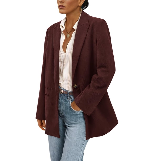 Blazer PRETTYGARDEN Invierno Chaqueta de Pana con Textura a Rayas Vino Tinto XXL