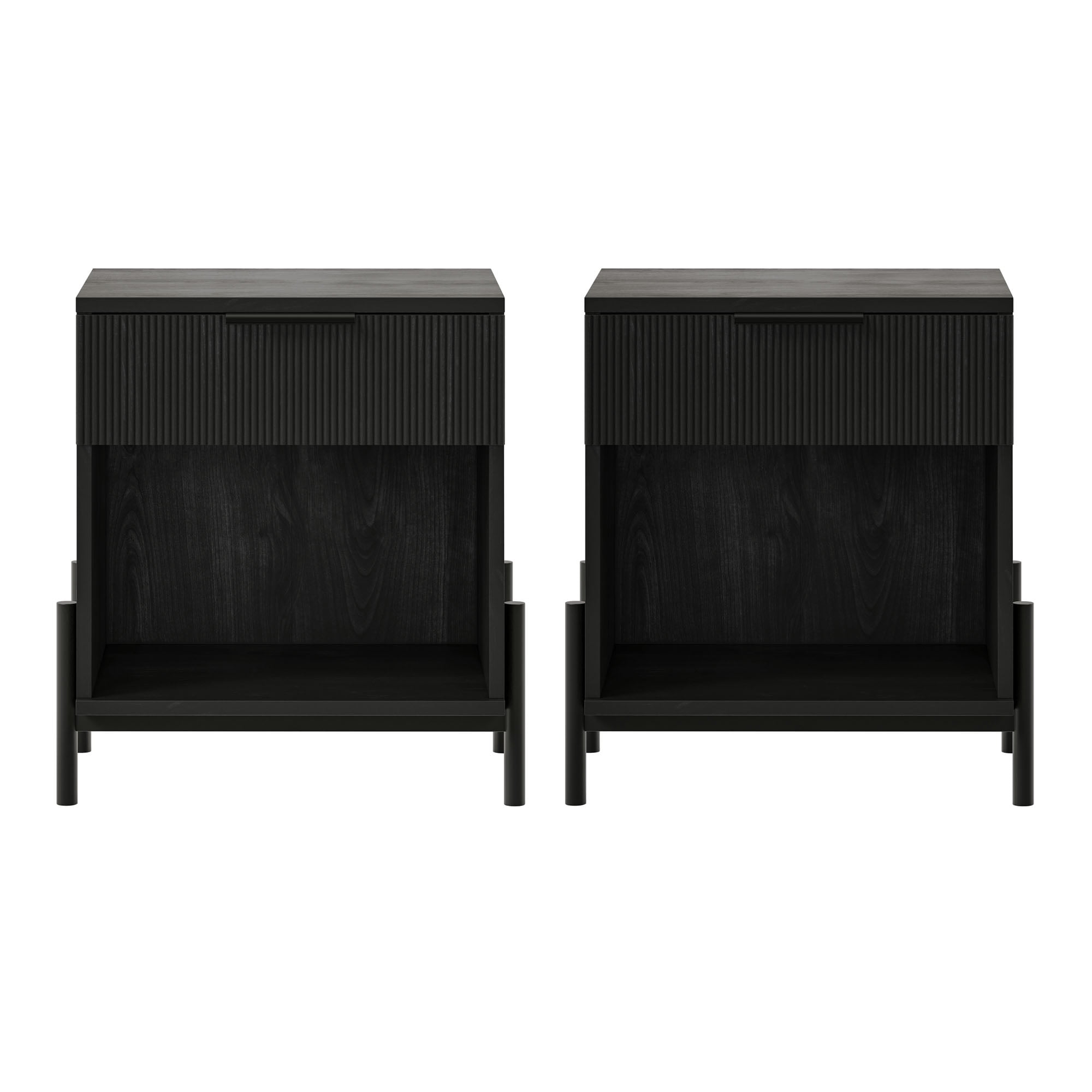 Walker Edison Modern Reeded-Front 1-Drawer Nightstand, 2 Pack, Black