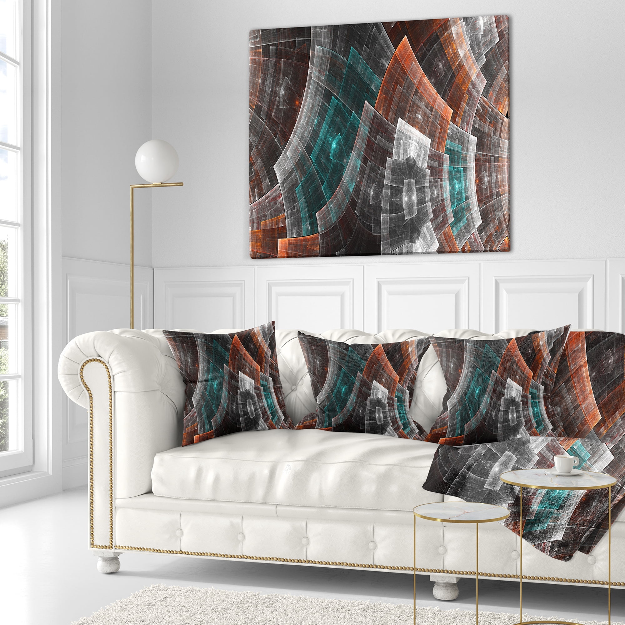 Designart Brown and Blue Fractal Flower Grid - Abstract Throw Pillow - 18x18