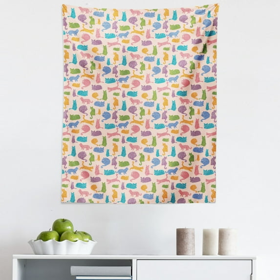 Cat Tapestry, Colorful Animal Silhouettes with Mandala Inspired Ornamental Details Design, Fabric Wall Hanging Decor for Bedroom Living Room Dorm, 5 Sizes, Multicolor, by Ambesonne