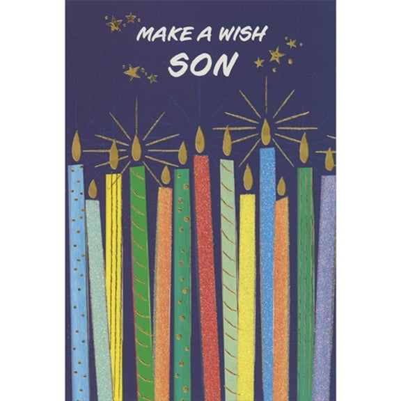 Pictura Tall Sparkling and Patterned Candles with Gold Foil Flames on Dark Blue Birthday Card for Son