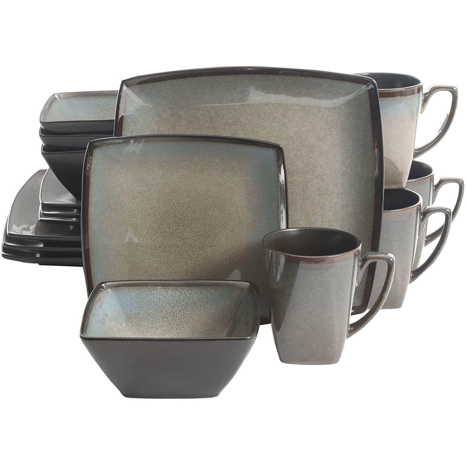 Open Box Gibson Elite 16 Piece Glazed Square Dinnerware Plates, Bowls, and Mugs