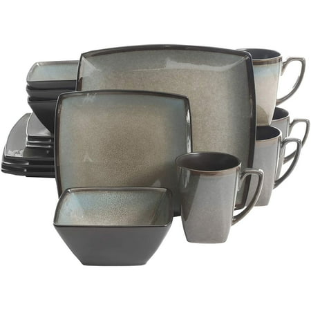 Gibson Elite 16 Piece Glazed Square Dinnerware Set with Plates Bowls and Mugs