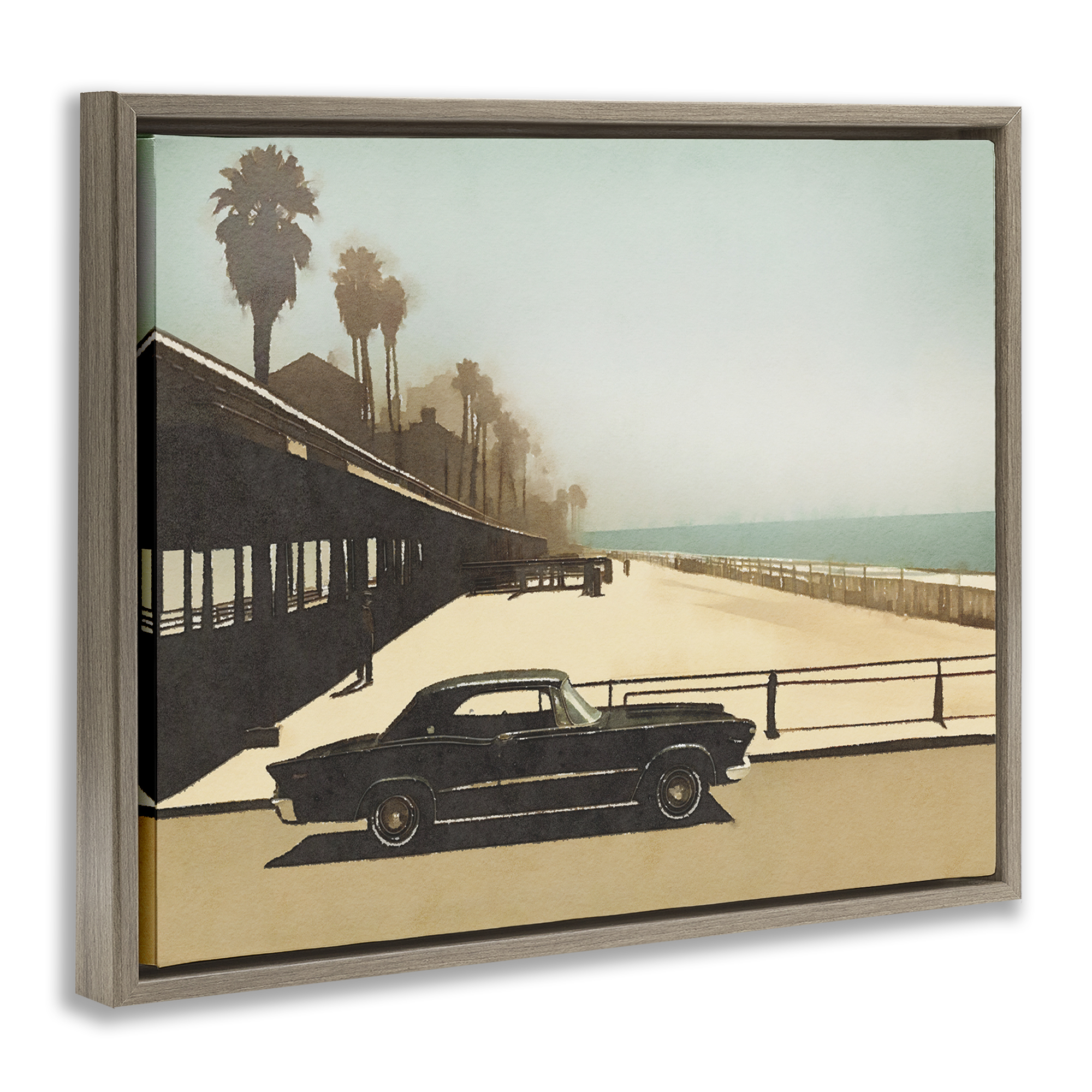 Stupell Industries Under The Pier Classic Car Landscape & Nature Painting Brown Floater Framed Canvas Art Print Wall Art, 31 x 25