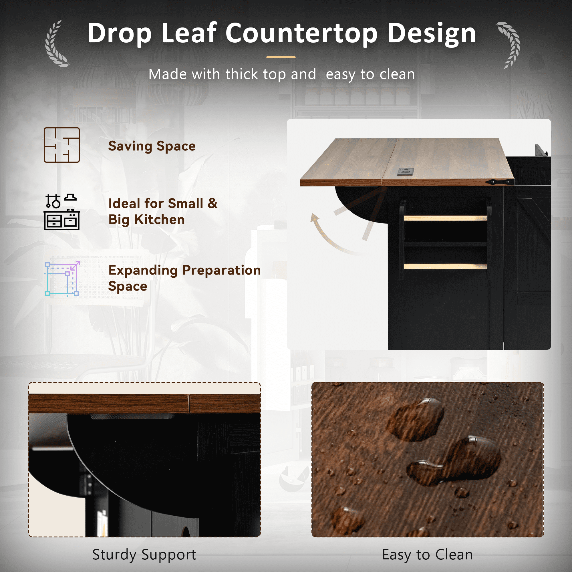 Lunale 54.5" Kitchen Island with Drop Leaf, Power Outlets, Farmhouse Rolling Storage Cabinet Cart for Kitchen & Dining Room, Black