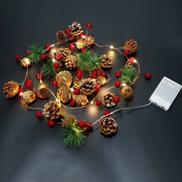 Luces de hadas navideñas Guirnalda navideña de campanas de Matsuba de bayas rojas con piña y control remoto para Navidad Interior Exterior Vacaciones Fiesta de Año Nuevo Hogar Dormitorio Pared Jardín
