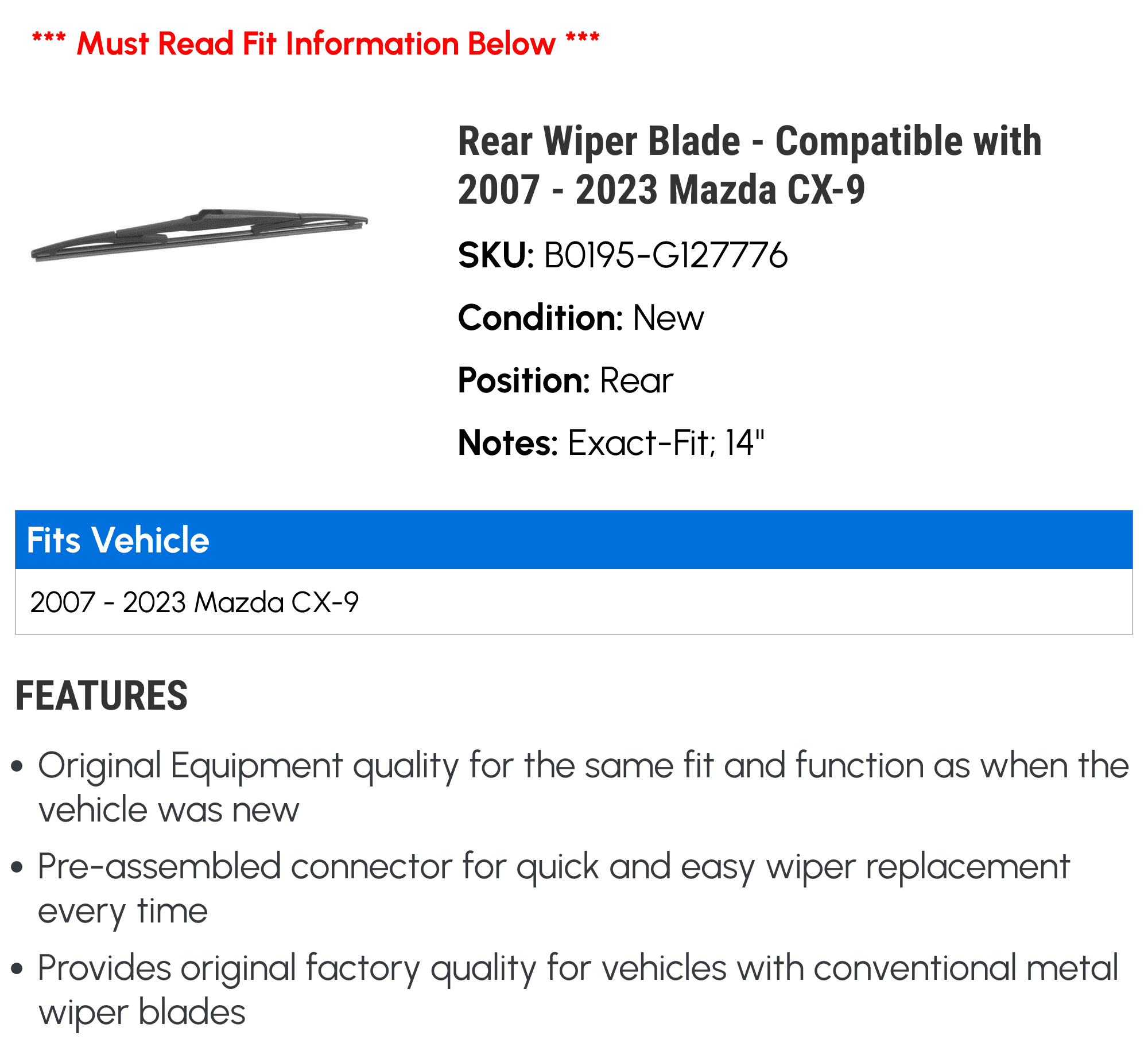 Rear Wiper Blade - Compatible with 2007 - 2023 Mazda CX-9 - Trico
