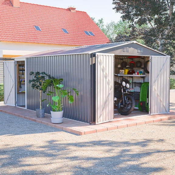 DTTRA 10 x 14 FT Outdoor Metal Storage Shed with Floor Frame Kit, Large Galvanized Steel Waterproof Garden Shed with 3 Lockable Double Doors and 4 Vents, Building Tool Sheds for Backyard Patio Lawn
