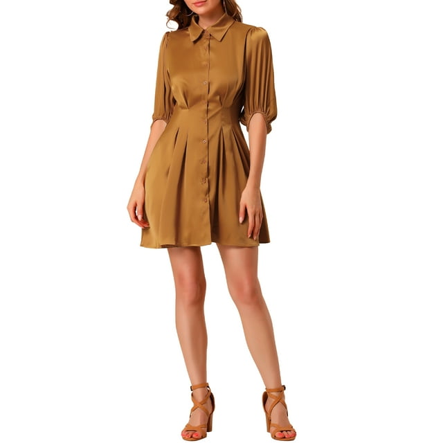 Unique Bargains Robe Chemise Junior à Manches Mi-Longues avec Ceinture et Col Pointu