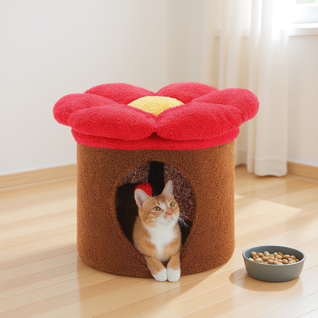 Pefilos 15" Cat House Condo with Tree, Cave Bed & Removable Flower Cat Cushion, Brown