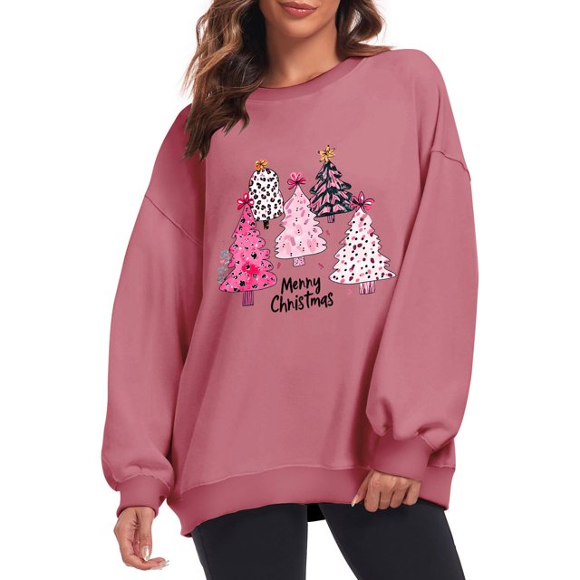 Amzcrzy Sweatshirt for Women Fashion Loose Plus Size Christmas Trees Printed Pullover Tops Spring Fall Crew Neck Long Sleeved Drop Shoulder Sweatshirt