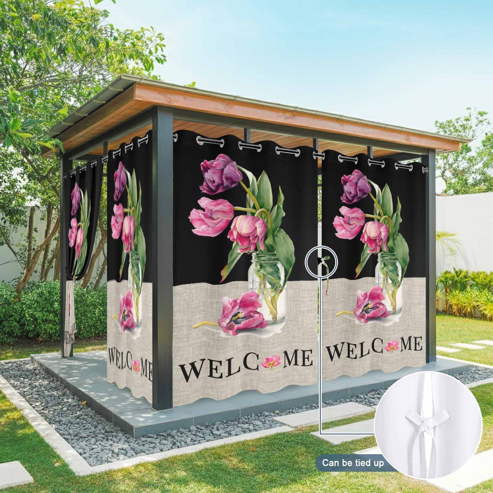 Welcome Outdoor Curtains for Patio, Country Watercolor Pink Purple Floral Vase Black Linen Sunshade Privacy Drapes Grommet Waterproof Outside Curtains for Porch/Cabana/Balcony 54"x 108", 1 Panel
