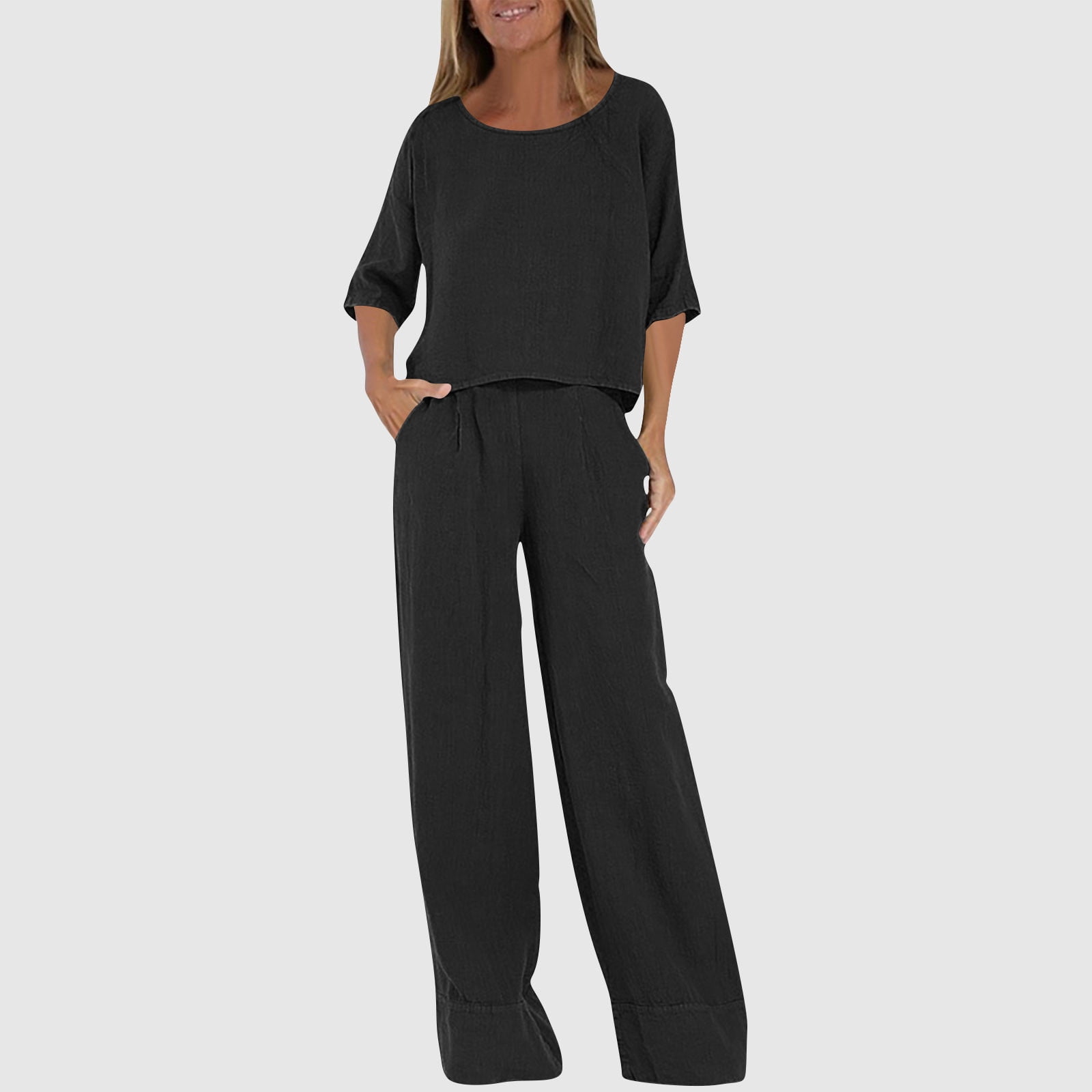 UPPADA Women's 2 Piece Outfits Long Sleeve Velvet Tops and Comfy Wide Leg Pants Two Piece Lounge Sets Tracksuits Matching Ladies Lounge Fleece Set with Pockets Black,XXXXXL