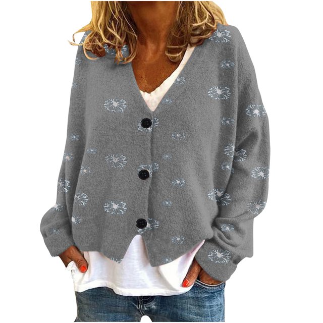 WRKEKC Botanical Print French Wool Plush Jacket Button Front Fall Winter Soft Coat with Pockets for Coffee Run and Weekend Style Gray L