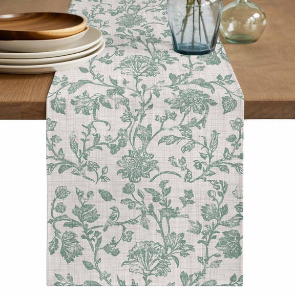 Turquoise Farmhouse Table Runner, Vintage Flower Leaf Botanical Plant Washable Cotton Linen Table Runners 72 Inches Long, Dresser Scarf Runner for Dining/Coffee/TV Stands/Kitchen/Cabinets 16''x72''
