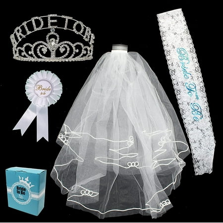 Joyin 5 Piece “Bride to Be” Bachelorette Party Accessory Kit - Includes Rhinestone Tiara, Wedding Veil with Comb, Lace Sash, Badge, and Gift Box