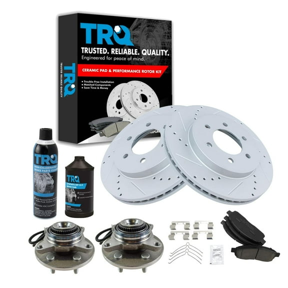 TRQ Front Ceramic Brake Pad Performance Cross Rotor Wheel Hubs Kit w/Chemicals BKA18145