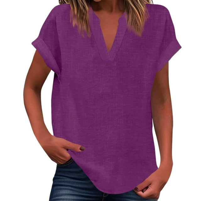 WEIYLL Womens T Shirts Summer Loose Fit V Neck Curved Hem Flowy Solid Purple Tees Sizes XXXXL