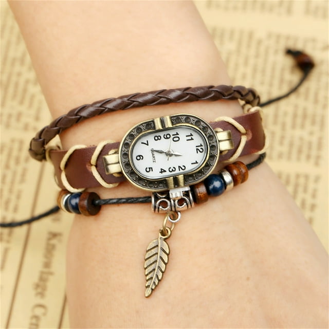 Reloj de cuarzo para mujer, elegante reloj de pulsera de cuero de varias capas para mujer + reloj de cuarzo para mujer, reloj de pulsera informal, regalo maravilloso.
