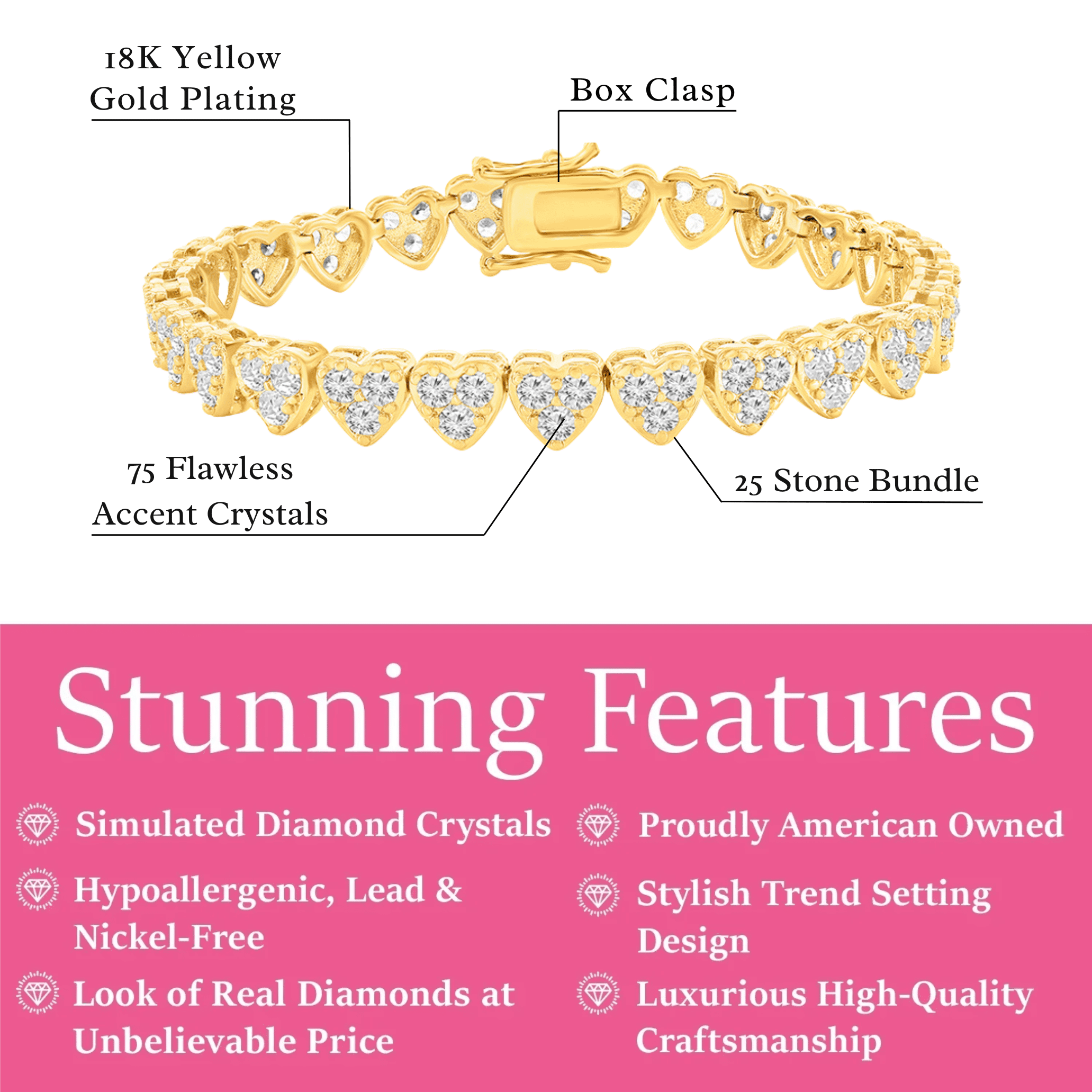 Cate & Chloe Donna 18k Yellow Gold Plated Heart Bracelet with Simulated Diamond Crystals for Women