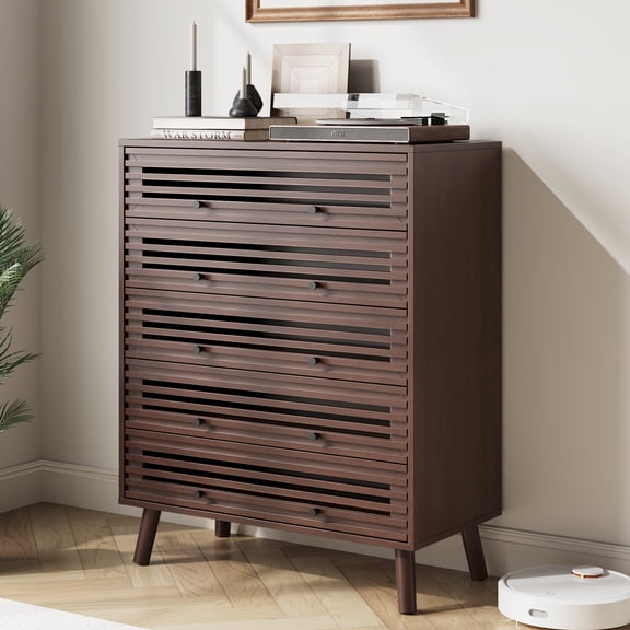 Mid Century Modern 5 Drawers Dresser for Bedroom, Slatted Dresser, Wood Chest of Drawers Organizer for Bedroom, Living Room, Hallway, Closet, Walnut