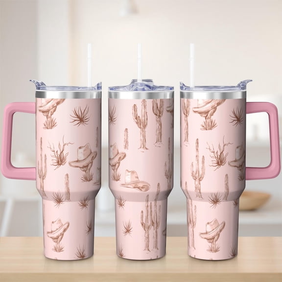 Cute western cowboy theme tumbler 40 oz tumbler with handle and straw 304 stainless steel travel cup coffee mug water bottle suitable as a gifts for women gifts for men dad gifts mom gifts