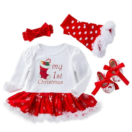 

DNDKILG Infant Baby Girls Long Sleeve Sundress Tights Shoes Headwear Spring Dress Christmas Dresses Red 0-24M 73